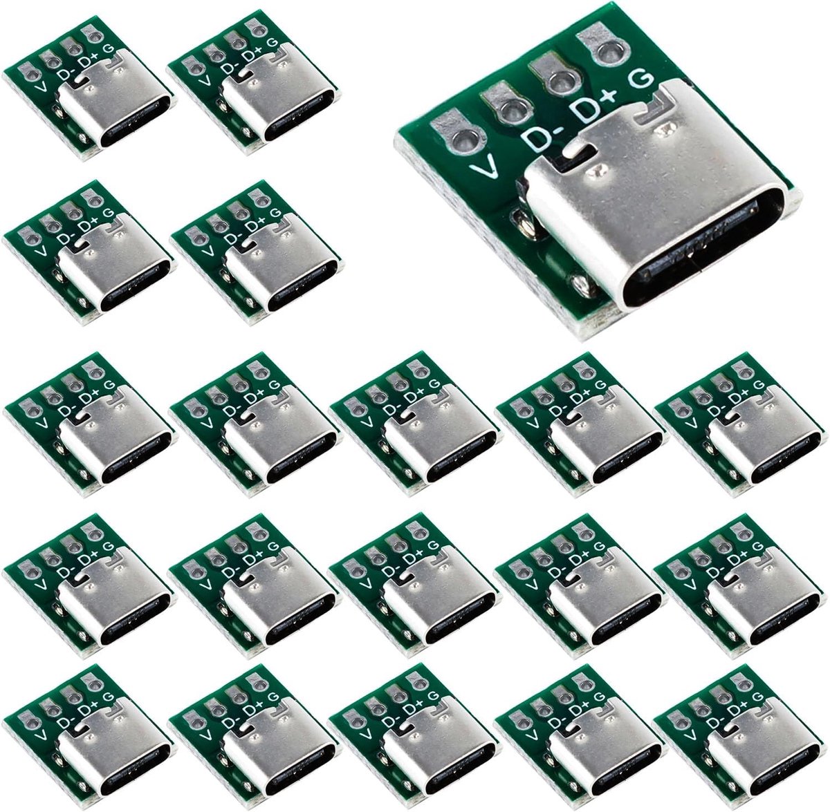 USB C Breakout Board - Type-C Adapter - Elektronica Projecten - 20 Stuks Set - 2.54mm Pin Afstand - Zilver Groen
