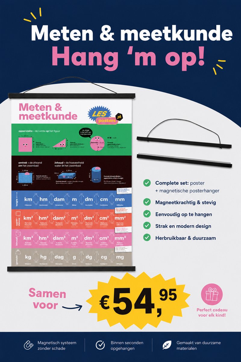Meten & Meetkunde Poster met A1 Magnetische Posterhanger – Educatieve Leerposter voor Basisschool – Lengte, Oppervlakte, Inhoud & Gewicht – Inclusief Hanger