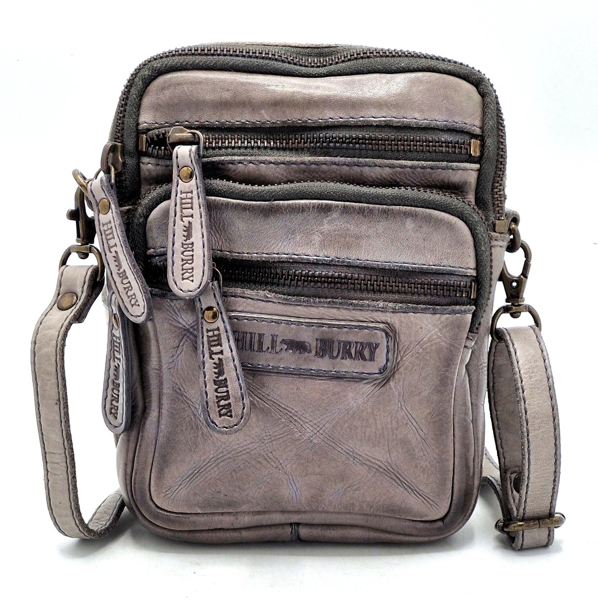 Hillburry Leren Schoudertas - Rimtas - met Ritsvakjes Grijs - Praktisch en Ideaal voor op Vakantie - Klein Format en Plat - (bxhxd) ca. 14cm x 19cm x 3cm