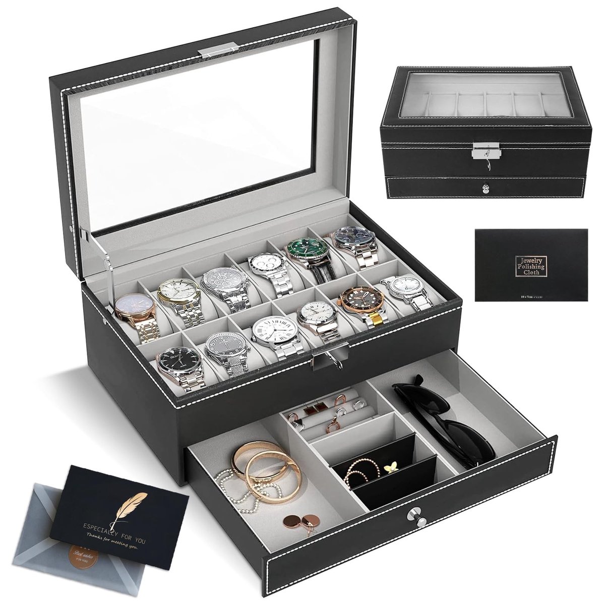 Dailygoods- Horlogedoos 12 Sleuven - Luxe Horlogebox - Zwart PU-leer - Horloge Organizer - Geschikt voor Horloges/Ringen - Glazen Deksel
