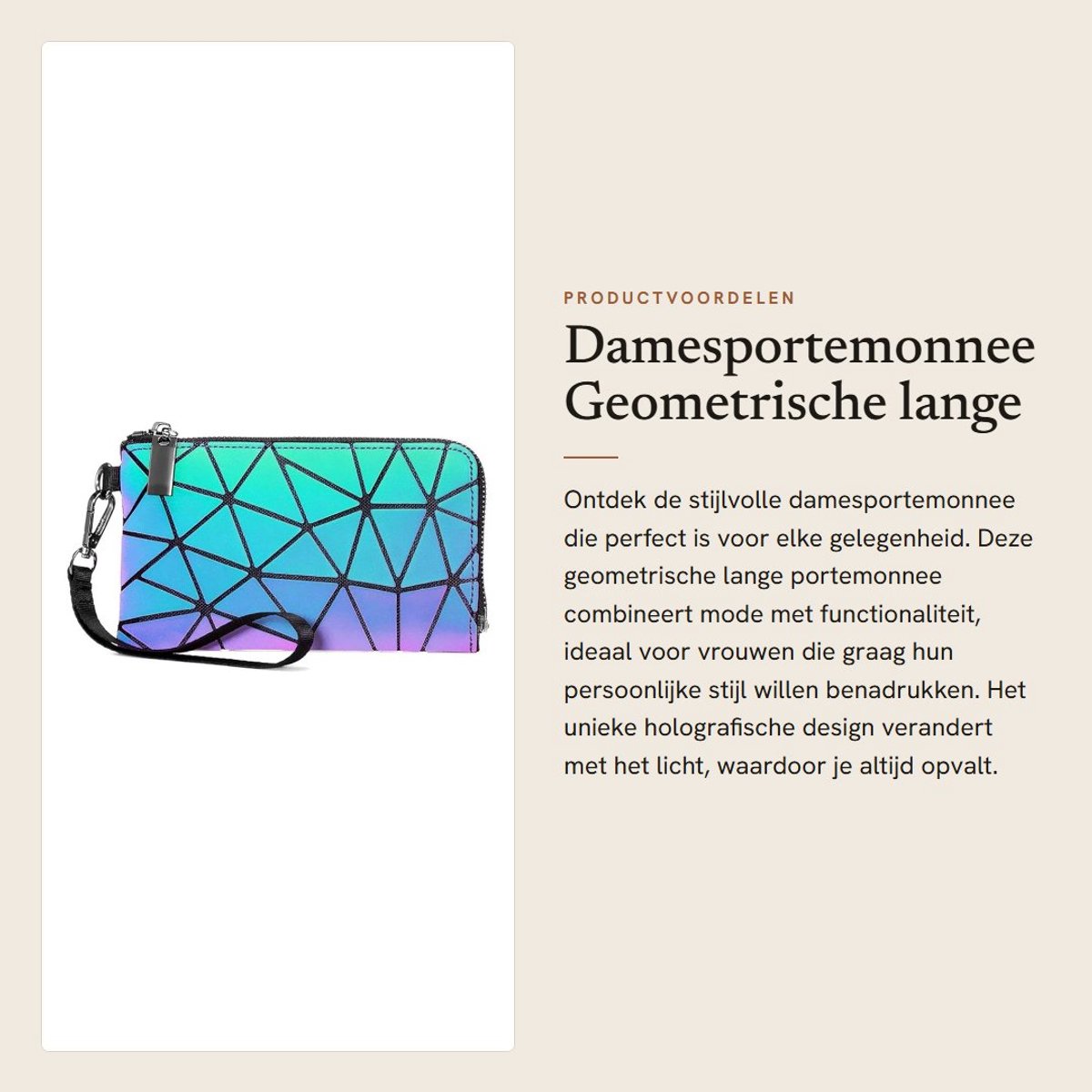 Dailygoods- Damesportemonnee Geometrisch - Holografisch - PU-leer - Ritssluiting - Capaciteit 1 Hoofdvak/3 Kaartvakken - Afneembare Polsband - Clutch
