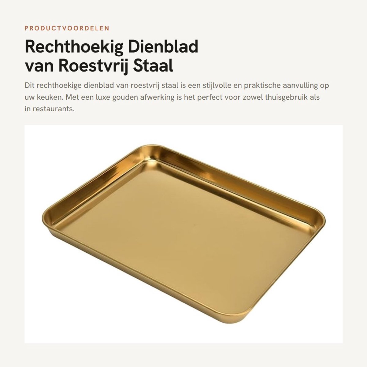 Dailygoods- Dienblad Goud - Rechthoekig - 30x20 cm - Roestvrij Staal - Antislip - Plat Ontwerp - Ideaal voor Thuisgebruik - Serveerblad