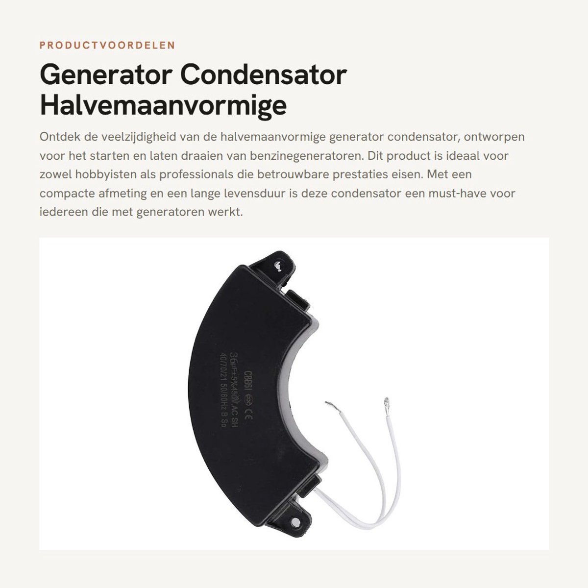 Dailygoods- Generator Condensator Halvemaanvormig - Benzinegenerator - Lange Levensduur - 50Hz/60Hz - Klein Formaat - 100% Nieuw - Startcondensator