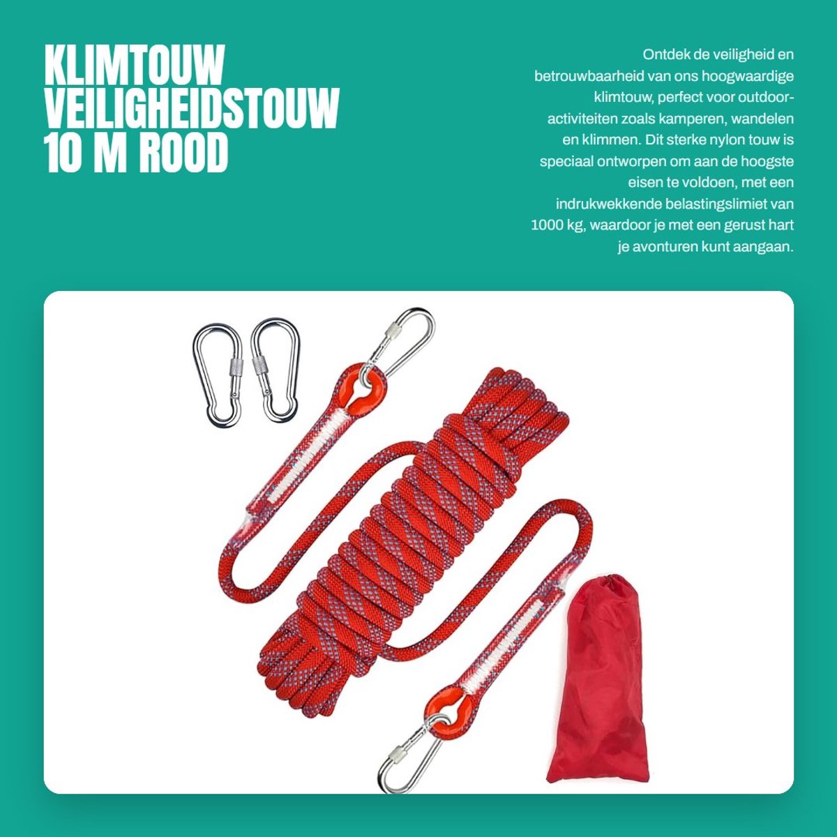 Dailygoods- Klimtouw 10 m - Veiligheidstouw - Nylon - UV-bestendig - Schokabsorberend - 2 Karabijnhaken - Belastingslimiet 500 kg
