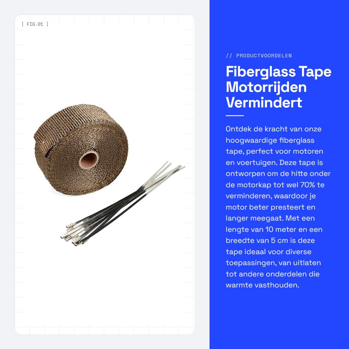 Dailygoods- Uitlaatband 10m x 5cm - Thermische Isolatie - Hittebescherming - Schokbestendig - Roestvrij Stalen Klemmen - Vermindert Hitte tot 70% - Uitlaatisolatie