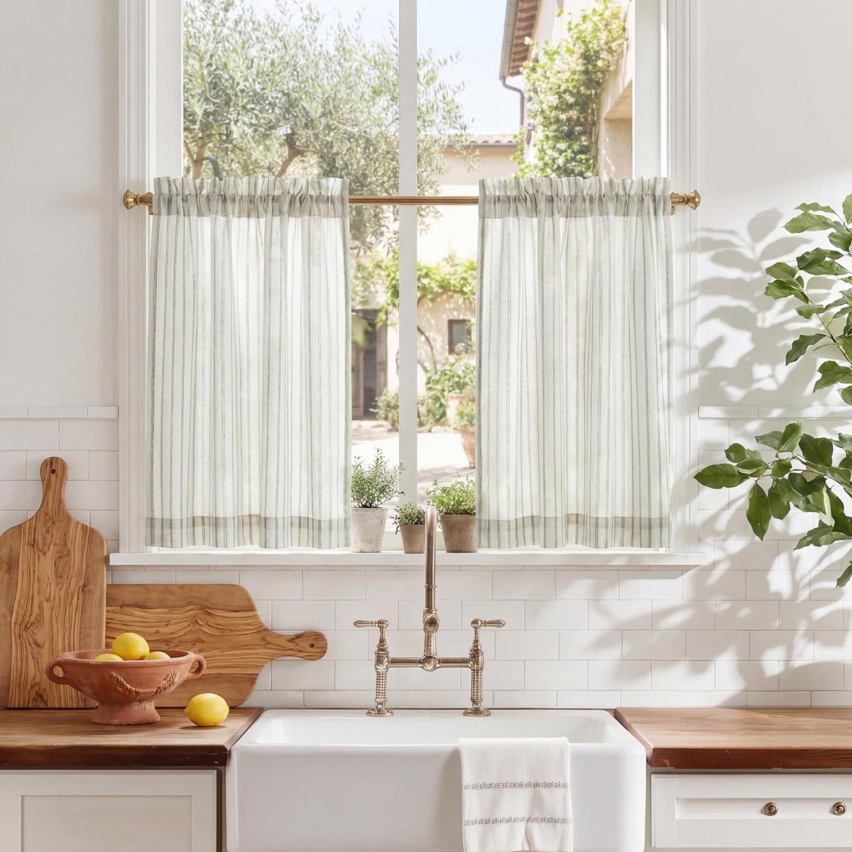 Dailygoods- Linnen Gordijnen Halfdoorzichtig - Gestreepte Gordijnpanelen - 2 Panelen - 60B x 45H cm - Stangzakken - Moderne Uitstraling