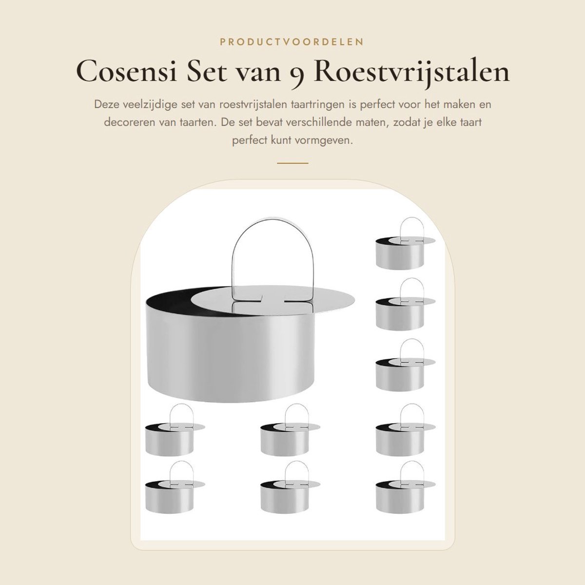Dailygoods- Taartringen Set van 9 - Ronde/Hartvormige Taartringen - Roestvrij Staal - 10/15/20 cm - 4,5 cm Hoog - Perfect voor Desserts - Bakvorm