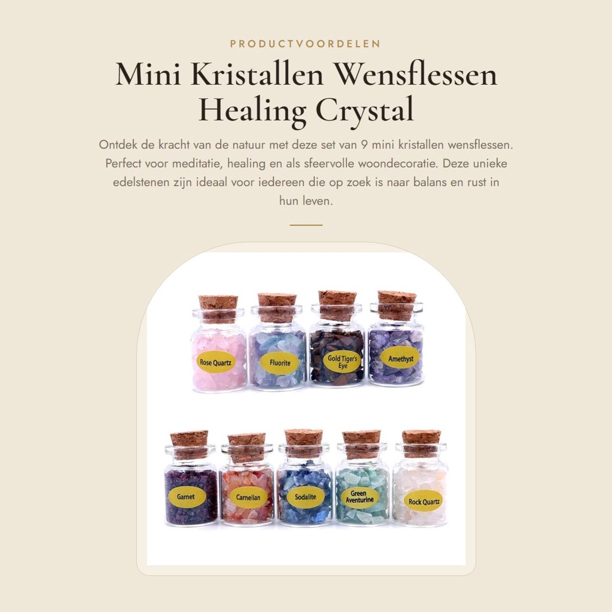 Dailygoods- Wensflessen Set van 9 - Mini Kristallen Flessen - Healing Edelstenen - Tuimelde Stenen - Meditatie Decoratie - Balanceren - Healing Crystals
