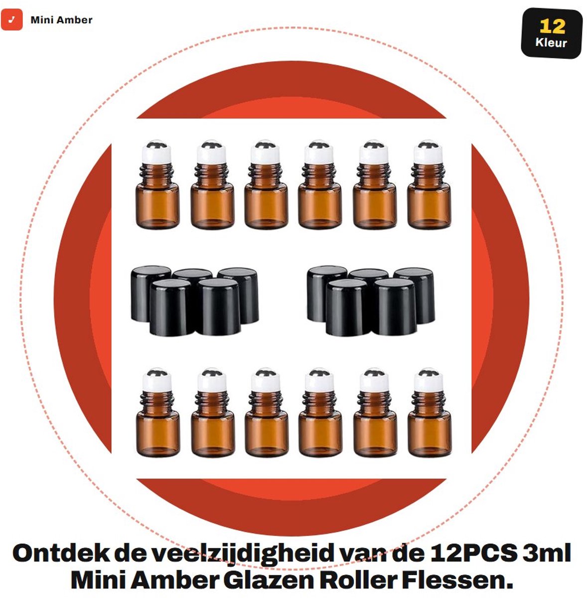 Dailygoods- Rollerflessen 12PCS - 3ml Glazen Flessen - Roestvrij Stalen Ballen - Antilek Deksel - Aromatherapie - Makeup Verpakking - Essentiële Olie Flessen