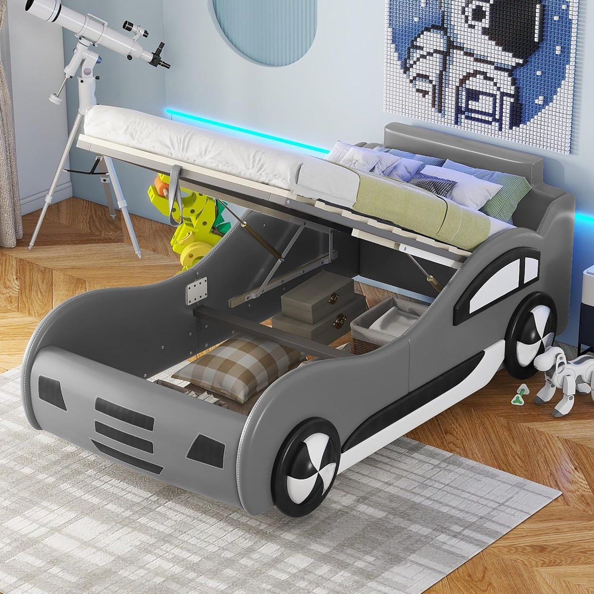 Kinderbed Auto - Autobed met opbergruimte - Dromen en spelen - Uniek cockpit ontwerp - 219 x 100 cm - Grijs