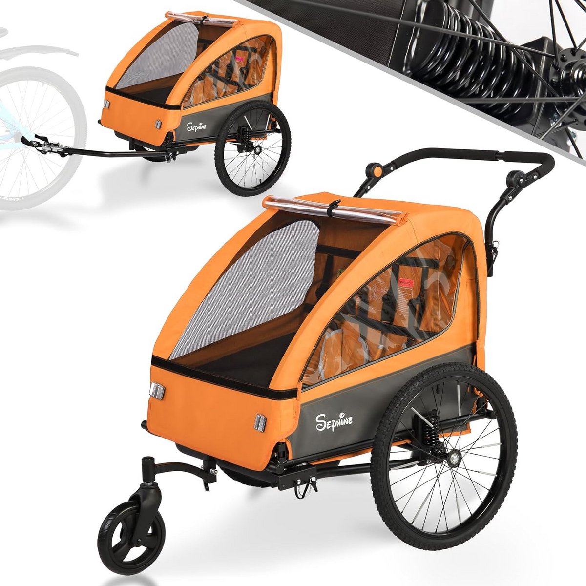 Kinderfietsaanhanger Kinderwagen - Dubbelzitje Jogger - Actief Gezin - 2-in-1 Ontwerp - XL - Oranje