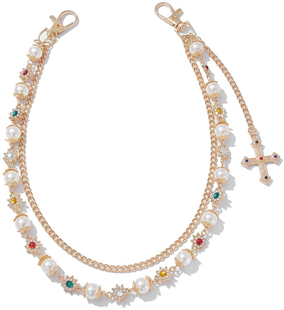 Dailygoods- Broekketting Meerkleurig - Tashanger - Riemketting - Punk Accessoire - Glinsterende Strasbloemen - Veelzijdig Gebruik