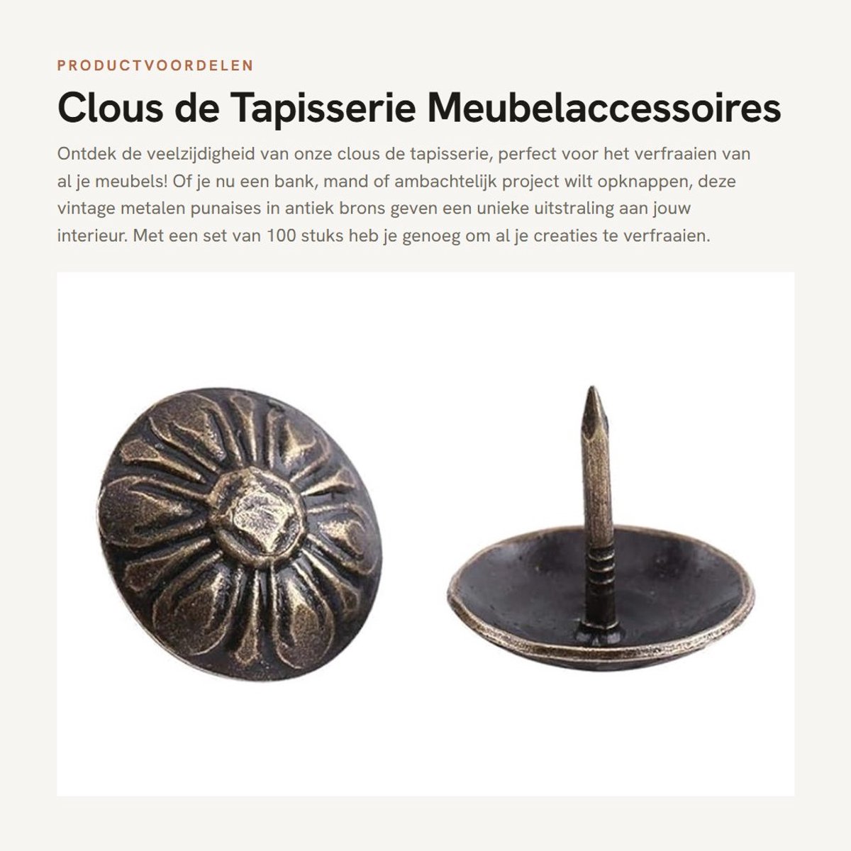 Dailygoods- Tapisserienagels 100 Stuks - Vintage Design - Antieke Messing - Meubeldecoratie - Dubbellaags - Voor Hamer en Punttang - Meubelspijkers