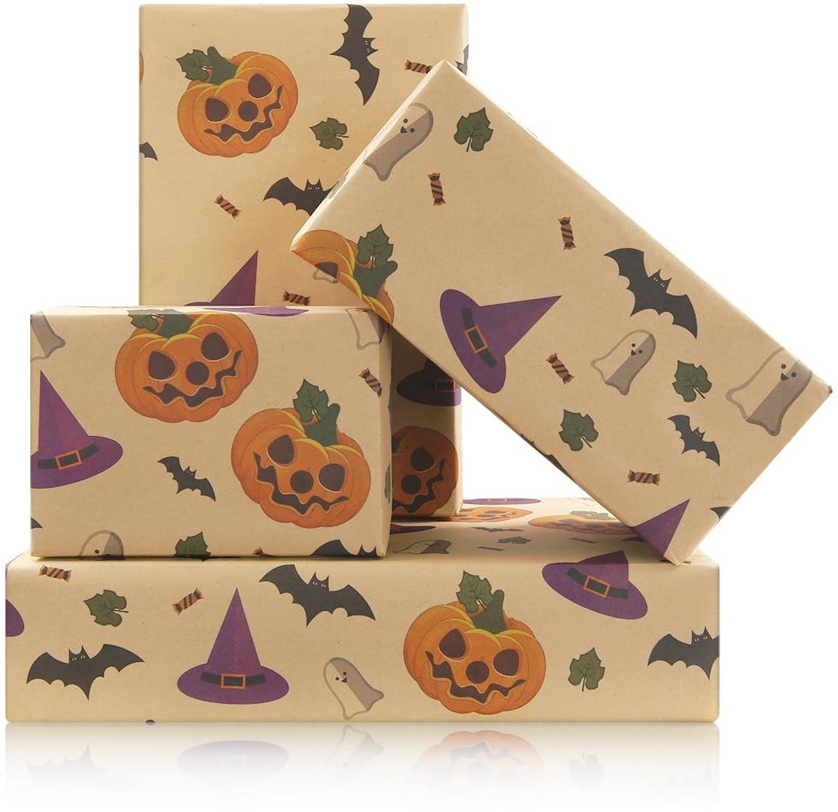 Dailygoods- Inpakpapier Halloween - 4 Vellen - Pompoen/Heks - Kraftpapier - 50 x 61 cm - Griezels/Feestdecoratie - Cadeaupapier