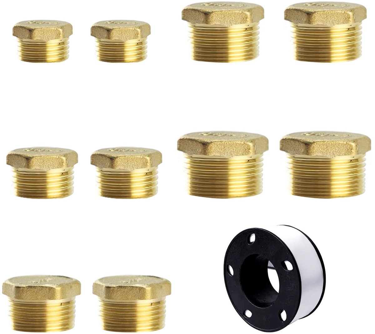 Dailygoods- Buisstoppen 10 Stuks - Messing Doppen - Buitendraad - Zeshoekige Buisdoppen - Grondstoftape - Geel