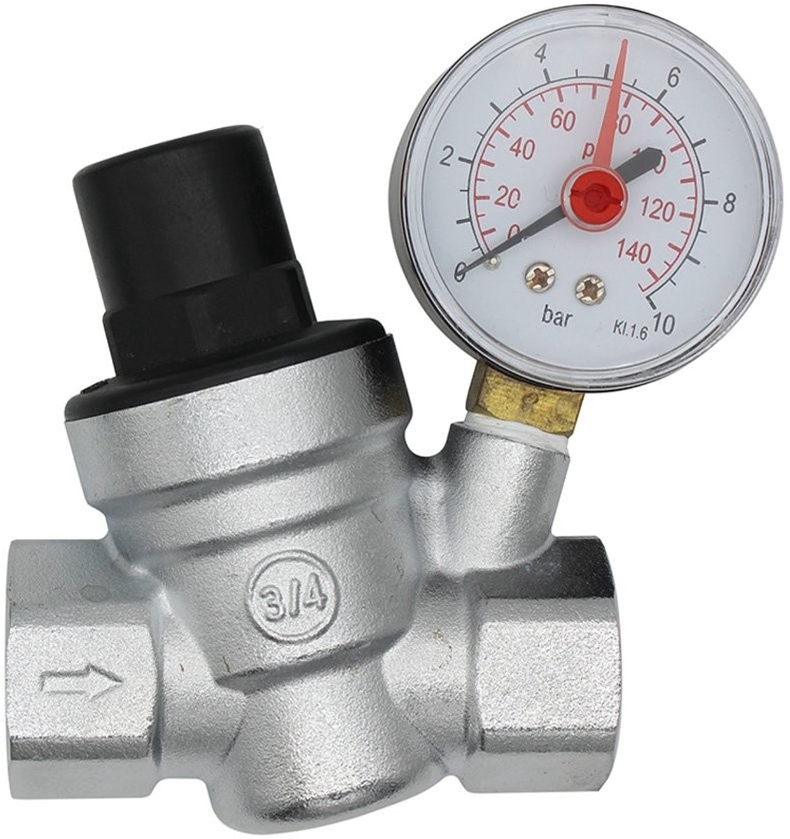 Dailygoods- Waterdrukregelaar met Manometer - Drukregelaar - Reduceerventiel - Verbindingsmaat 1/2/3/4 - Messing - Chroom Afwerking