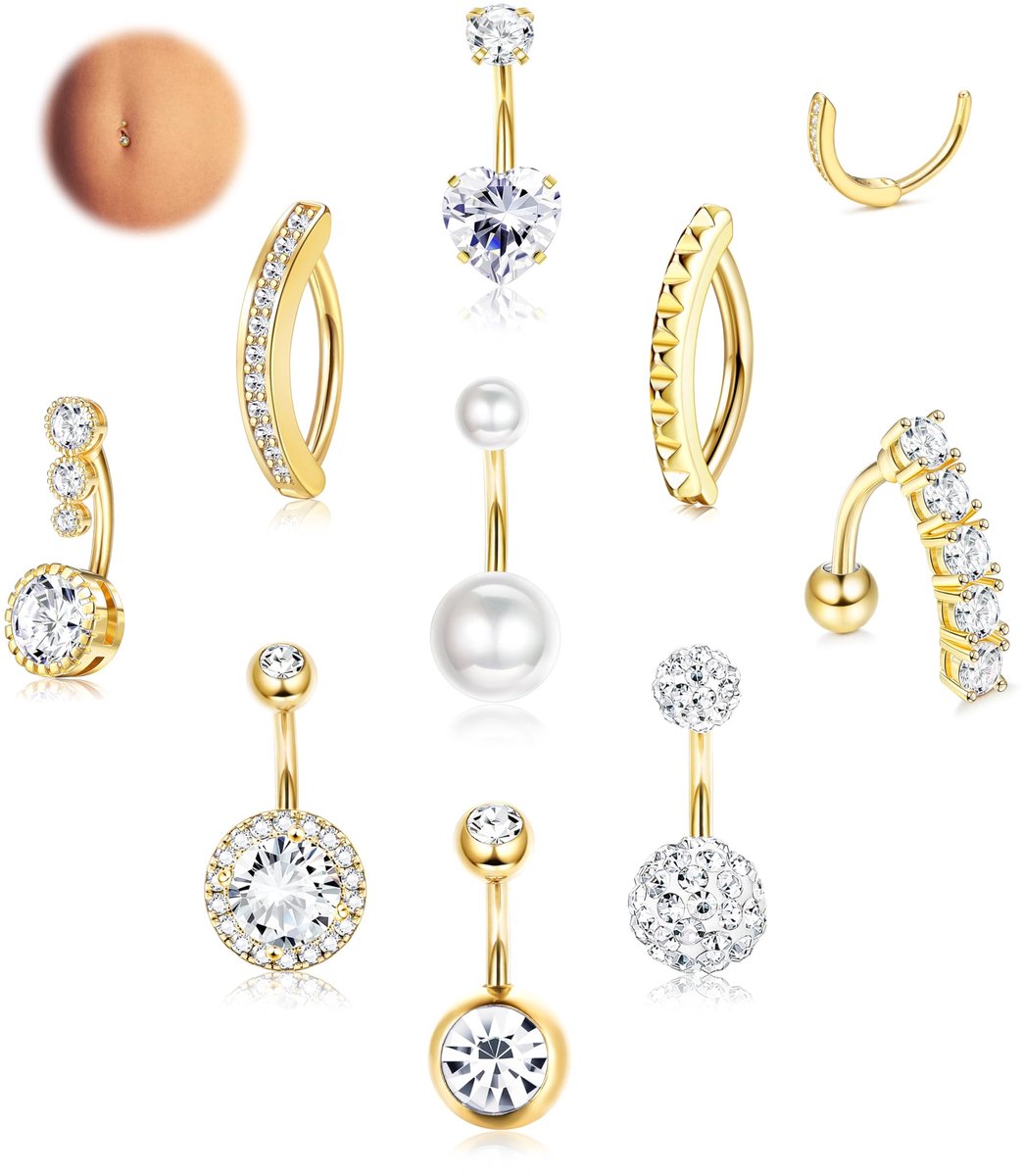 Dailygoods- Navelpiercing 9 Stuks - Chirurgisch Stalen Navelstaafjes - Hypoallergene Navelringen - Goud/Zilver - 10 mm - Tijdloze Ontwerpen - Piercing