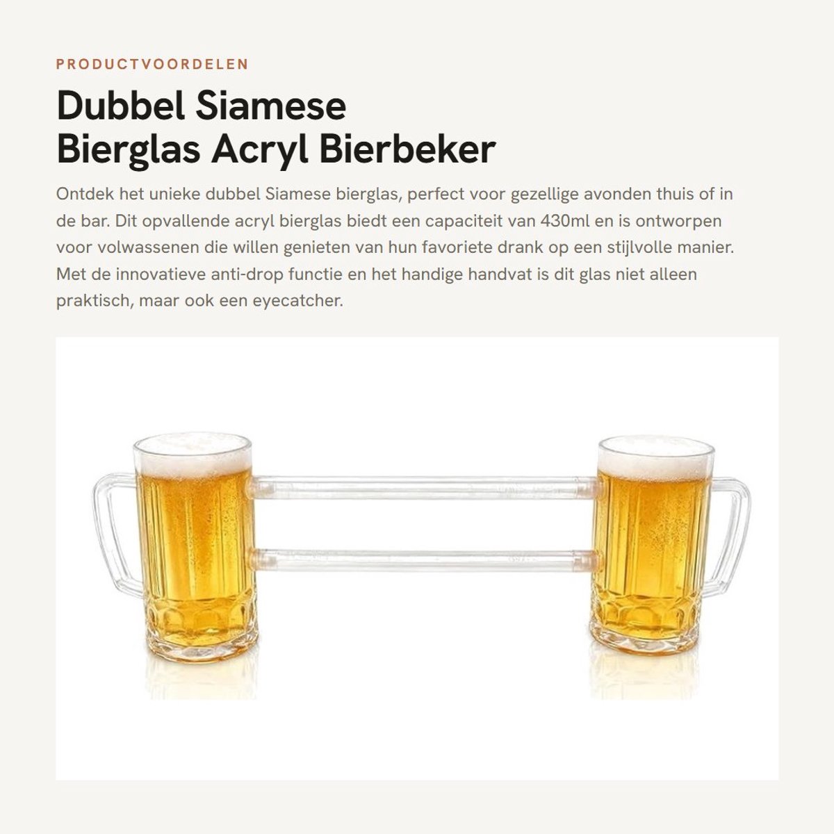 Dailygoods- Bierglas 430ml - Dubbel Siamese Biermok - Acryl - Handvat - Lekvrij - Geschikt voor Bar/KTV