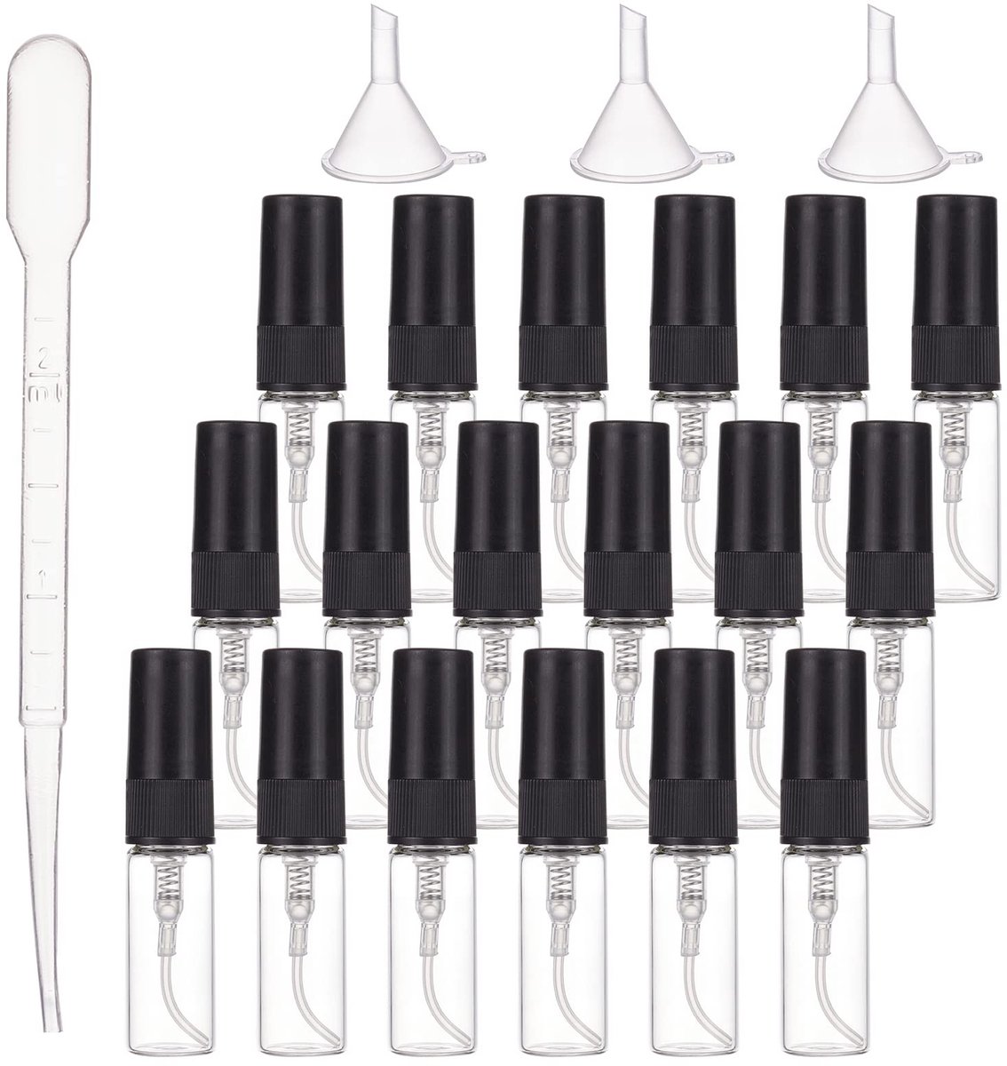 Dailygoods- Verstuiver 40 stuks 3 ml - Mini Sprayflacon - Leeg Glas - Trechter - Pipetten 2 ml - Creatieve Verpakking - Spuitfles