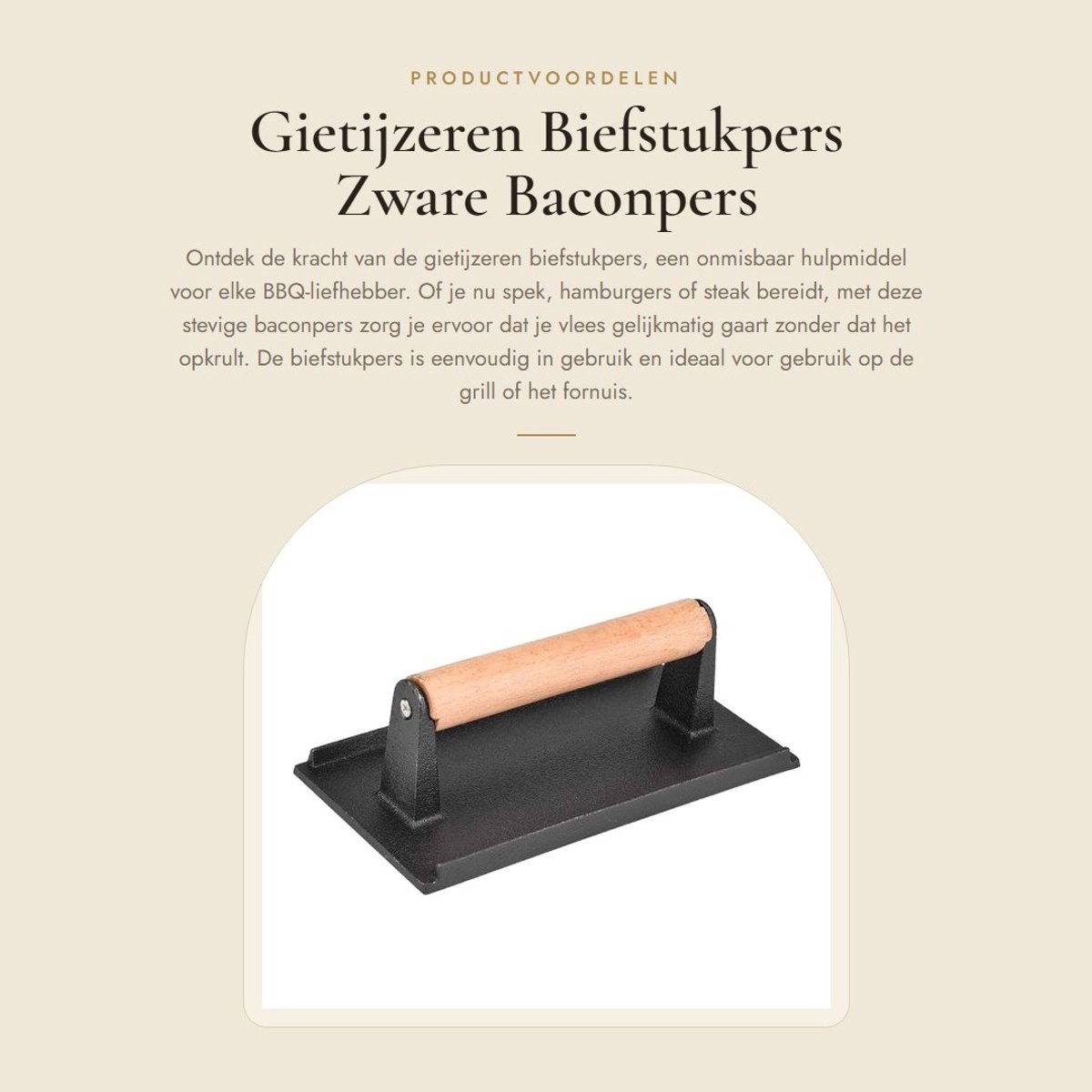 Dailygoods- Biefstukpers Gietijzer - Vleesverzwaarder - Hamburgerpers - Baconpers - Rechthoekige Vleesmaker - Houten Handvat - Vleespers