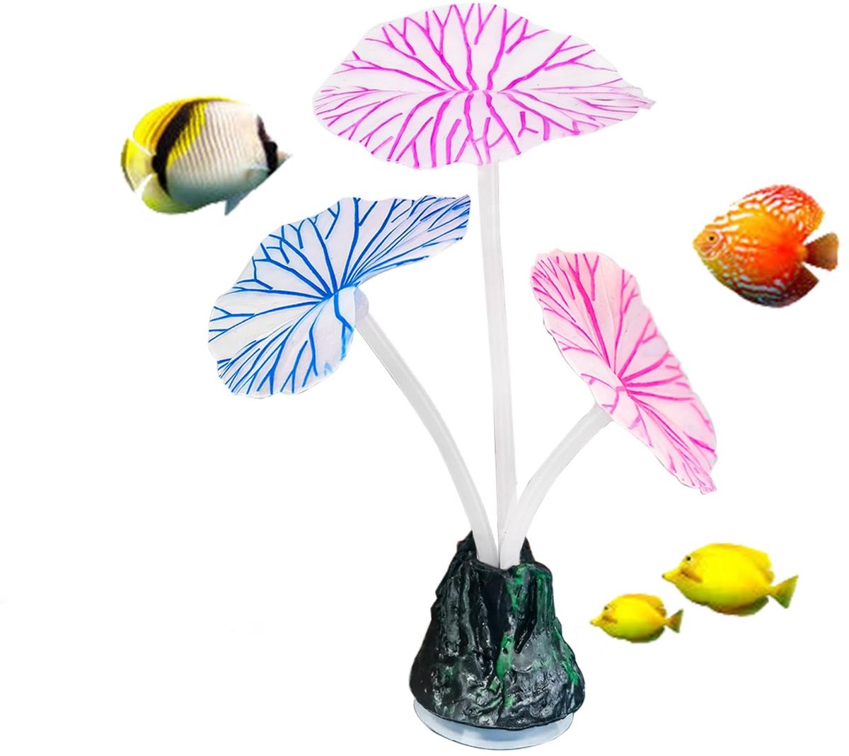 Dailygoods- Aquariumdecoratie Oplichtend Effect - Siliconen Lotusblad - Kunstmatige Heuvel - Veelkleurig - 3 Lotusbladeren - Afmetingen 3 x 8 x 10 cm - Aquariumaccessoire