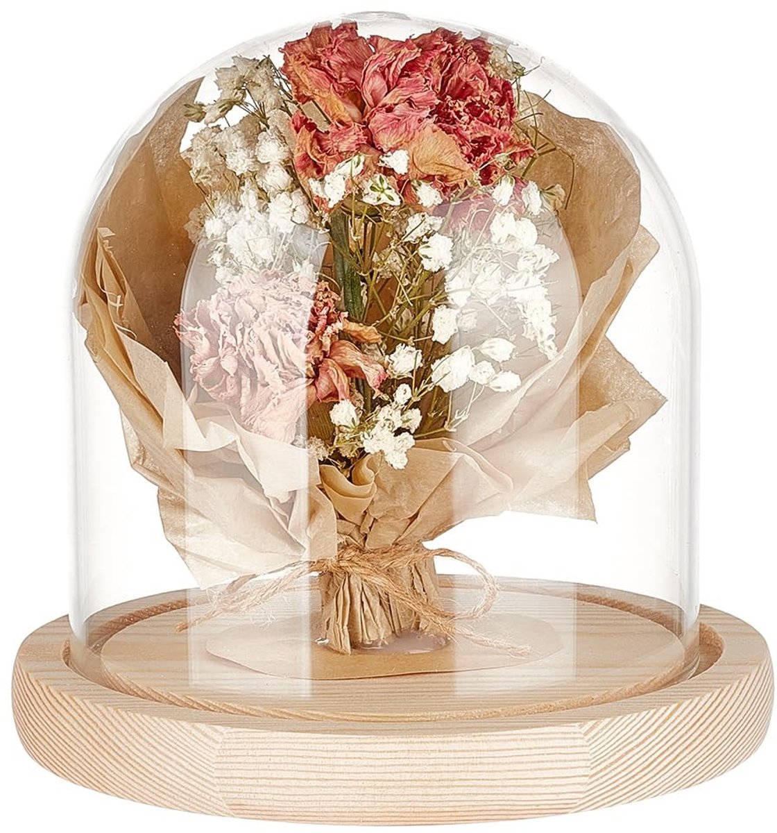 Dailygoods- Houten Koepel 12 x 12 cm - Koepel van Gebleekt Amandelglas - Bel van Transparant Glas - Bloemenhandwerk - Kerstdecoratie - Decoratiekoepel
