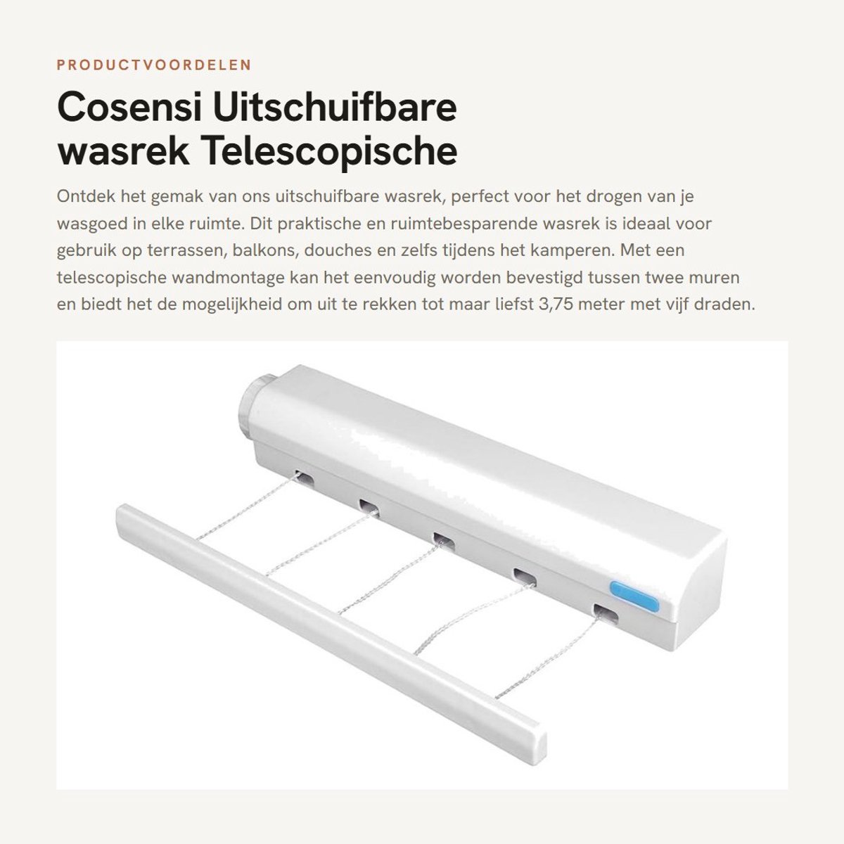 Dailygoods- Wasrek Uitschuifbaar 3,75 m - Telescopische Wanddroogrek - Ruimtebesparend - Voor Binnen/Buiten - Eenvoudig te Installeren - 4/5 Draden - Waslijn