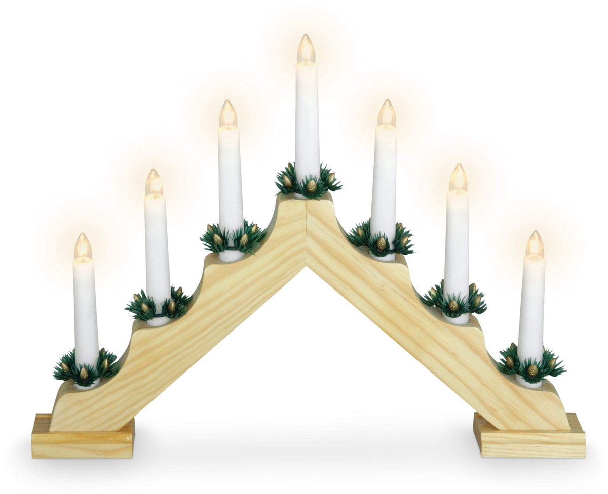 Dailygoods - Houten Boog - Advent Decoratie - 7 LED Kaarsen met Timer - Natuurlijke Kleur - Sfeervolle Verlichting - Geschikt voor Raamdecoratie - 39....