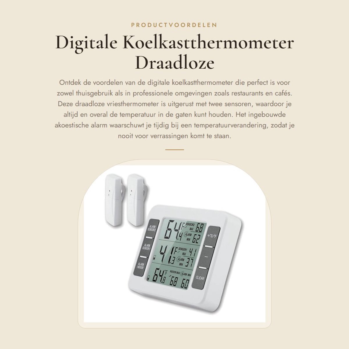 Dailygoods - Digitale Koelkastthermometer - Draadloze Vriesthermometer - Akoestisch Alarm - Compact formaat - 2 Sensoren - Voor Thuis en Horeca - Gesc...
