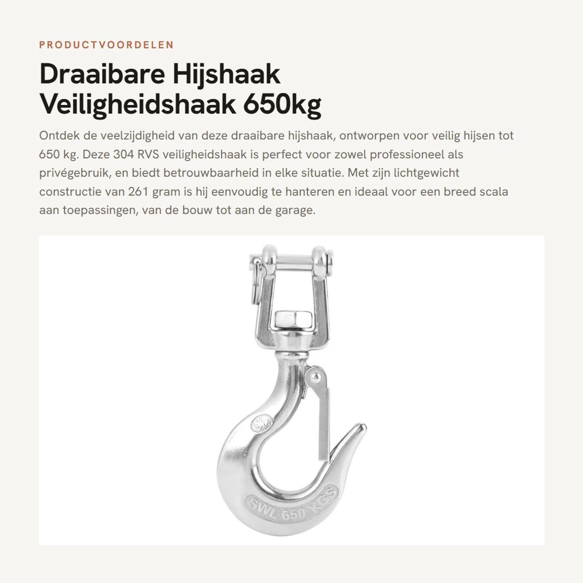 Dailygoods- Hijshaak Draaibaar 650kg - RVS - Veiligheidshaak - Grendel - Ketting - Schokbestendig