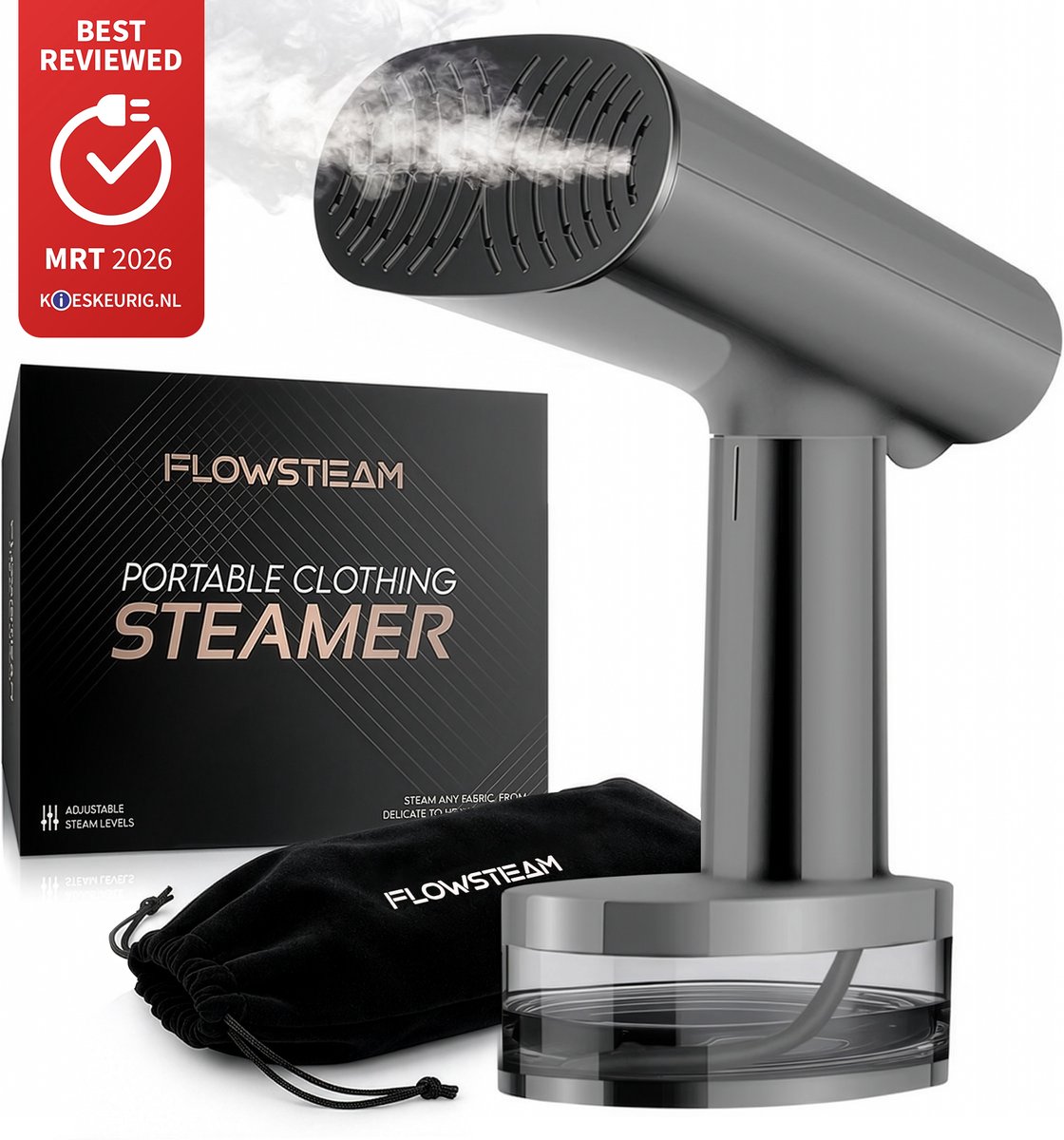 Bol.com FLOWSTEAM® Luxe Kledingstomer - Handstomer - Stoomreiniger - Stoomapparaat Kleding - Matte Gray Edition aanbieding