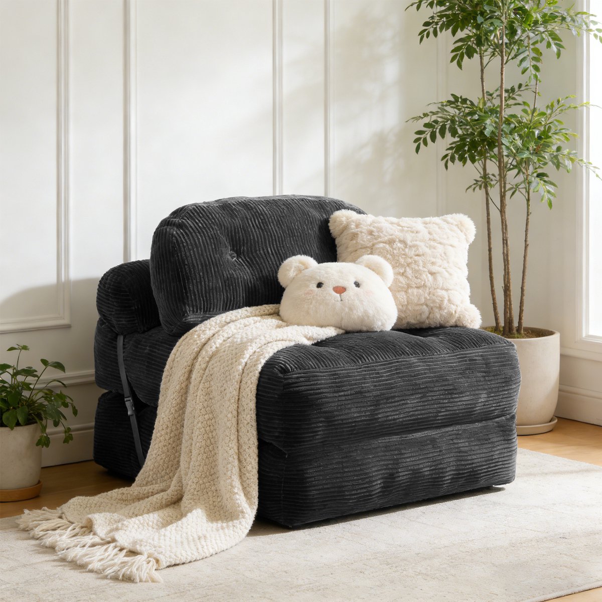 Lemlit Slaapfauteuil 2 in 1 - Uitklapbare Slaapstoel met Kussen - Corduroy Logeerbed voor Woonkamer Slaapkamer en Logeerkamer - 202 x 85 x 25 cm - Zwart
