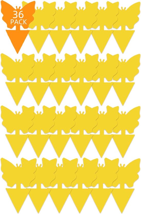 36 gele vlindervallen met een oranje driehoek op een witte achtergrond.