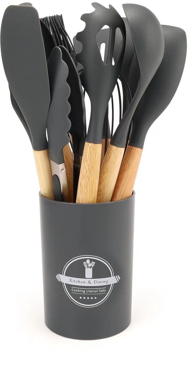 MODENUIT Keukengerei Set – 12-Delig – 34 x 11 x 11 cm – Siliconen met Houten Greep – Zwart – Koken en Bakken