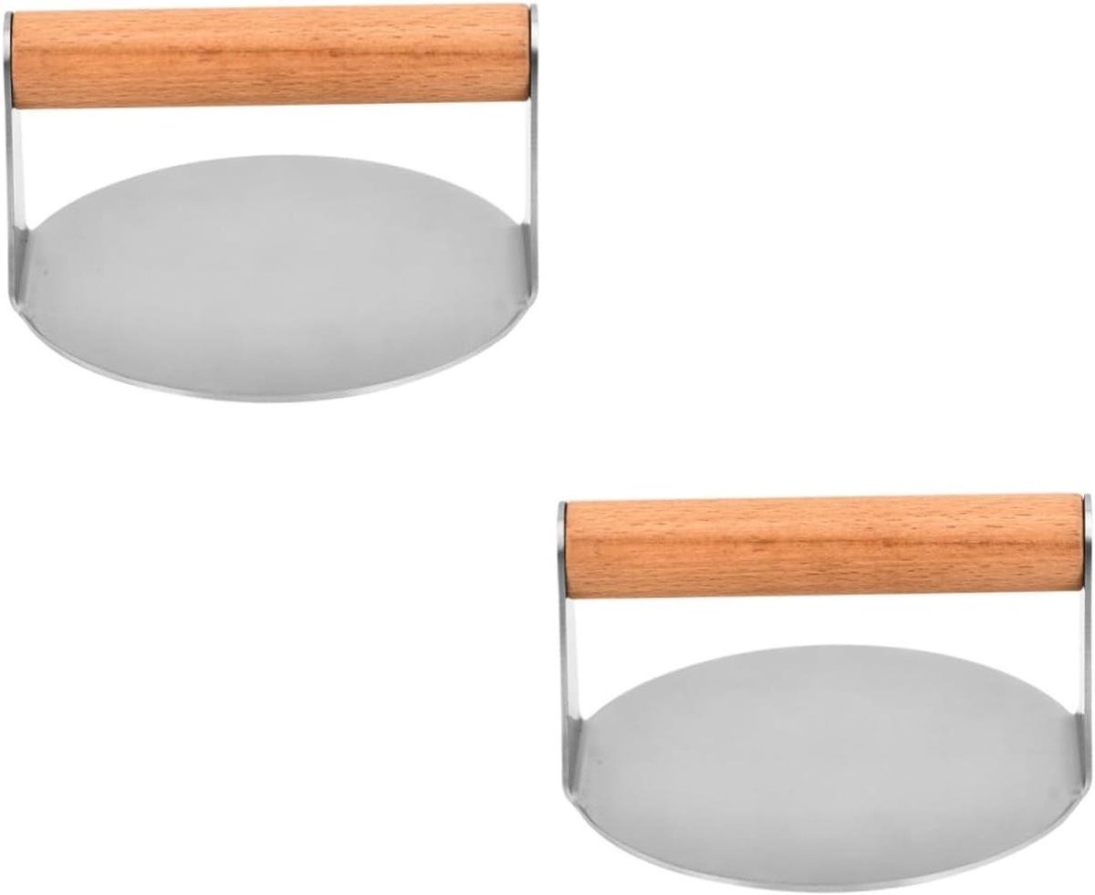 Hamburgerpers Set - Burger Maker - Vlees Vormgeven - Hout en RVS - 16 x 15 x 8.5 cm - Zilver