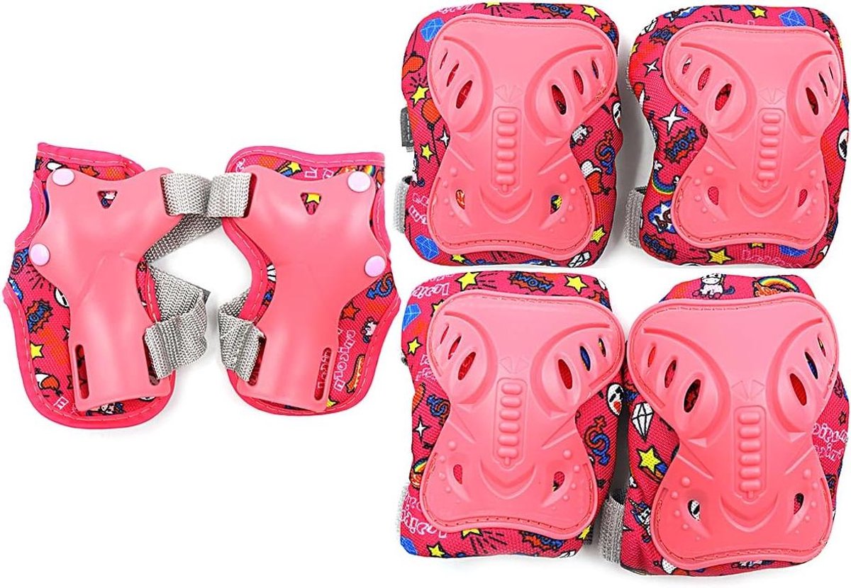 Beschermende uitrusting set - Knie elleboog pols - Buitensporten - Schokabsorberend materiaal - 6 delig - Roze