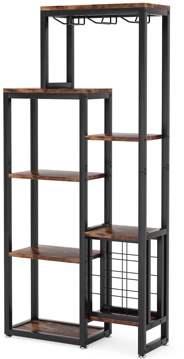 CORE Wijnrek - Wijnkast - Wijnopslag - Accessoireskast - 5 lagen - Glazenhouder en flessenhouder - Industrieel design - 80x30x175cm - Rustiek bruin
