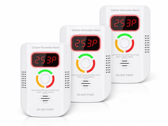 Drie witte CO-melders met digitale displays (253P) op een rij.