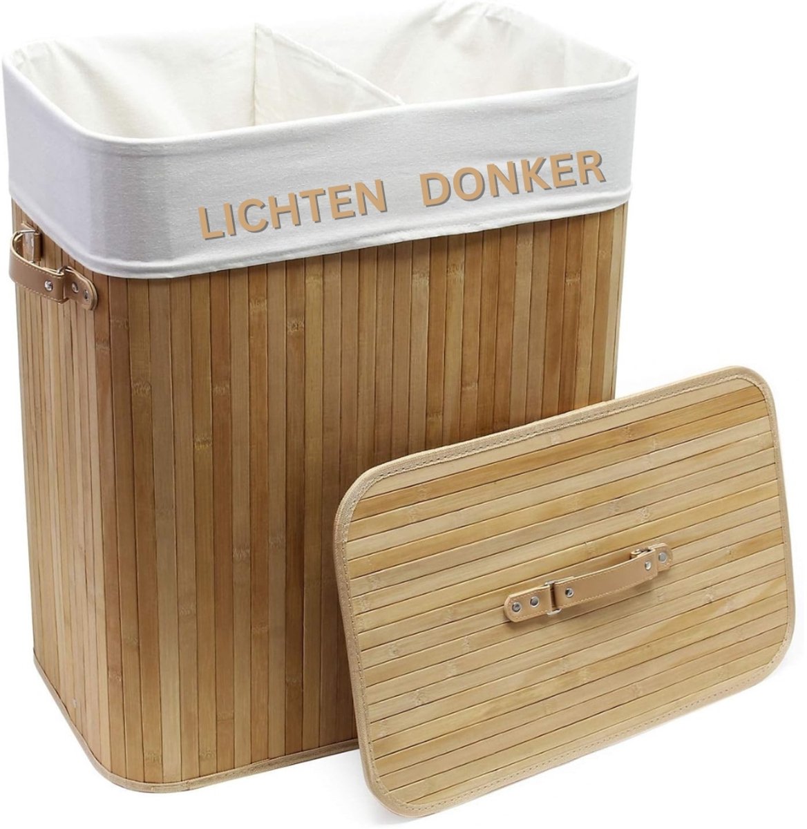 Fabono-Bamboe Wasmand 105 Liter met 2 Vakken – Grote Wassorteerder met Deksel & Linnen Waszakken – Rechthoekige Wasbox met Handgrepen voor Badkamer en Wasruimte