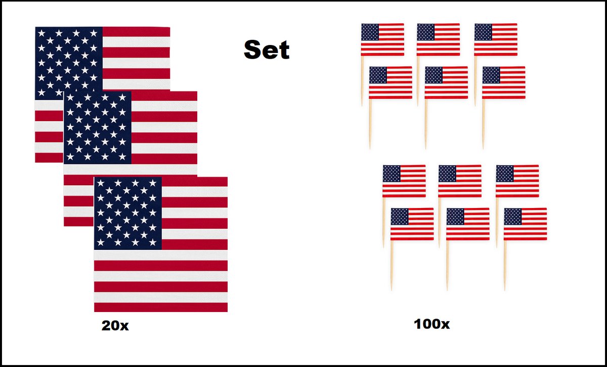 20x Servetten USA 33cm x 33cm 3 laags + 100x Cocktailprikkers USA - Amerika set - VS thema feest voetbal