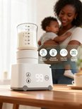 Witte flesverwarmer met glazen fles met melk. Een moeder met baby op de achtergrond. Iconen en tekst: 'Simple Operation', 'Accurate Temperature', 'Less than 3 minutes', 'NO BPA'.