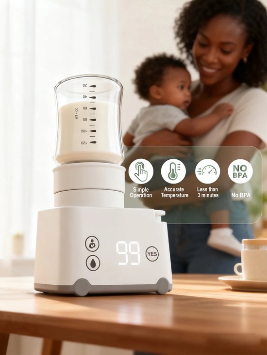 Witte flesverwarmer met glazen fles met melk. Een moeder met baby op de achtergrond. Iconen en tekst: 'Simple Operation', 'Accurate Temperature', 'Less than 3 minutes', 'NO BPA'.