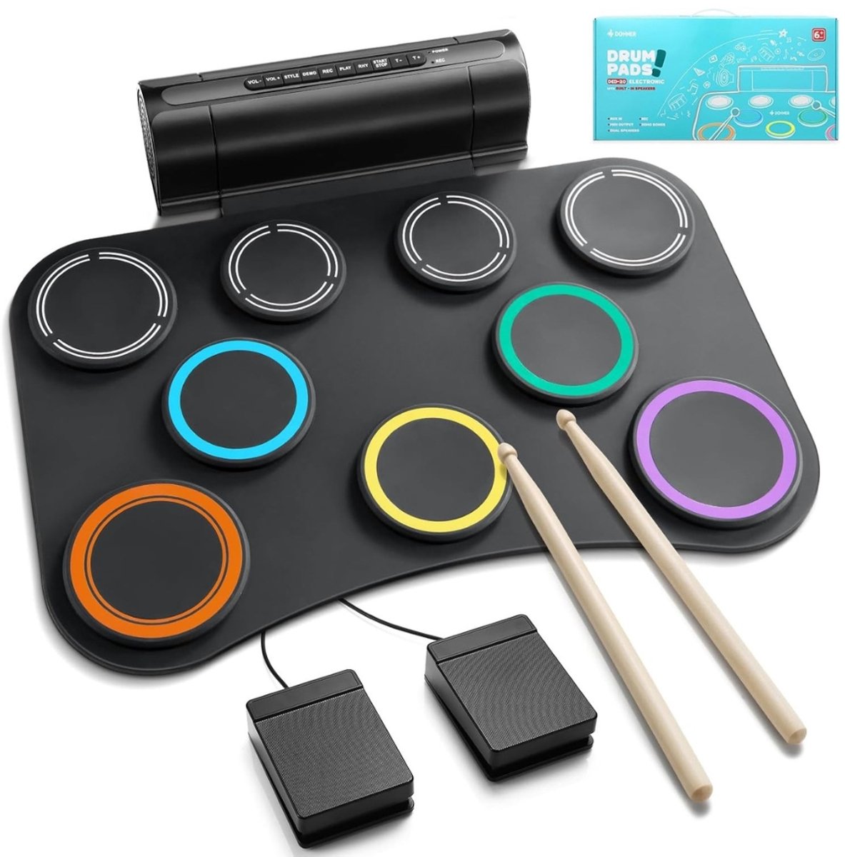 Fabono-20 SE Elektronische Drumpad – Oprolbare Elektrische Drumset met 9 Pads, MIDI, Ingebouwde Luidsprekers & Hoofdtelefoonaansluiting – Stil Muziekspeelgoed voor Kinderen en Beginners