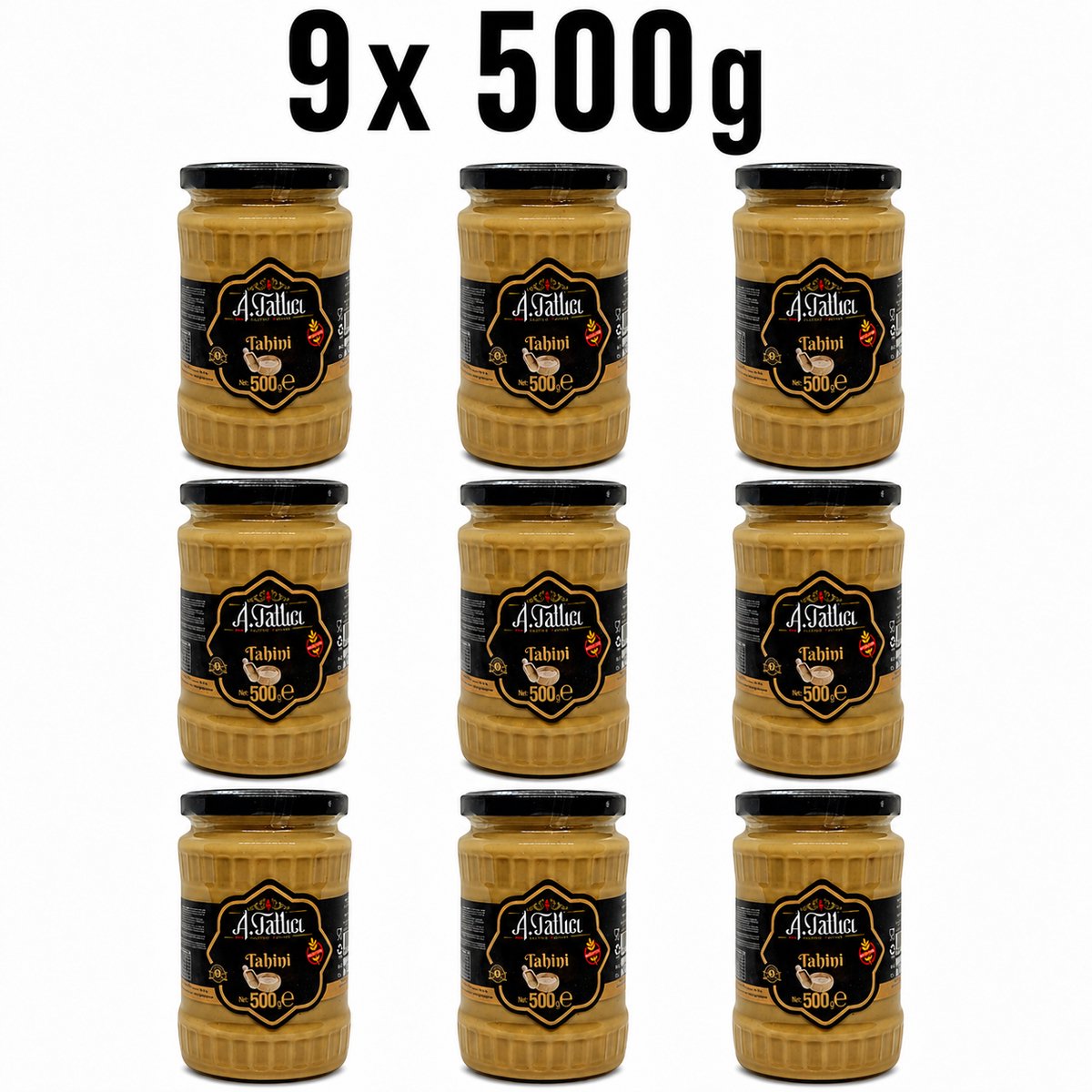 Abdurrahman Tatlici Tahin 100% Sesampasta – Glutenvrij Tahini & Zonder Toevoegingen – 9x 500g Glazen Pot | Rijk aan Calcium & Plantaardige Eiwitten