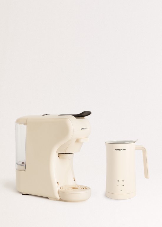 Crème kleurige espressomachine en melkopschuimer van 'CREATE' op een witte achtergrond.
