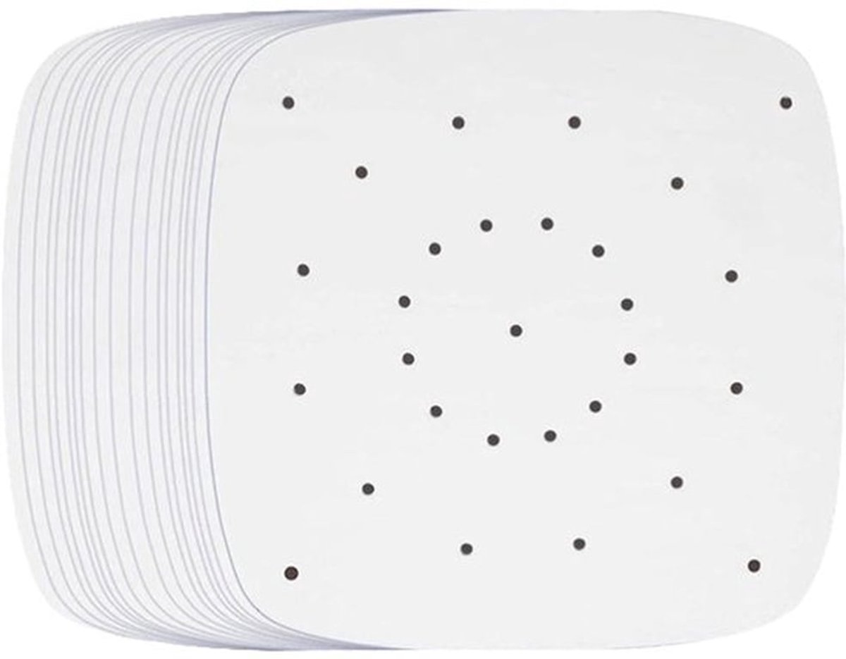 100 stuks papieren bakjes voor de airfryer, 24 cm antiaanbak, waterdichte en oliebestendige vierkante papieren bakjes voor de stoomoven, airfryer, magnetron en oven (wit geperforeerd)
