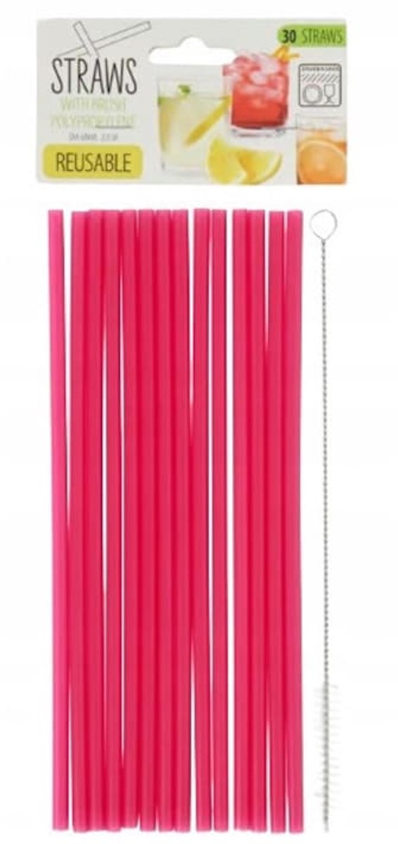 Herbruikbare rietjes met schoonmaakborstel - Vaatwasbestendig kleur Roze (30 stuks)