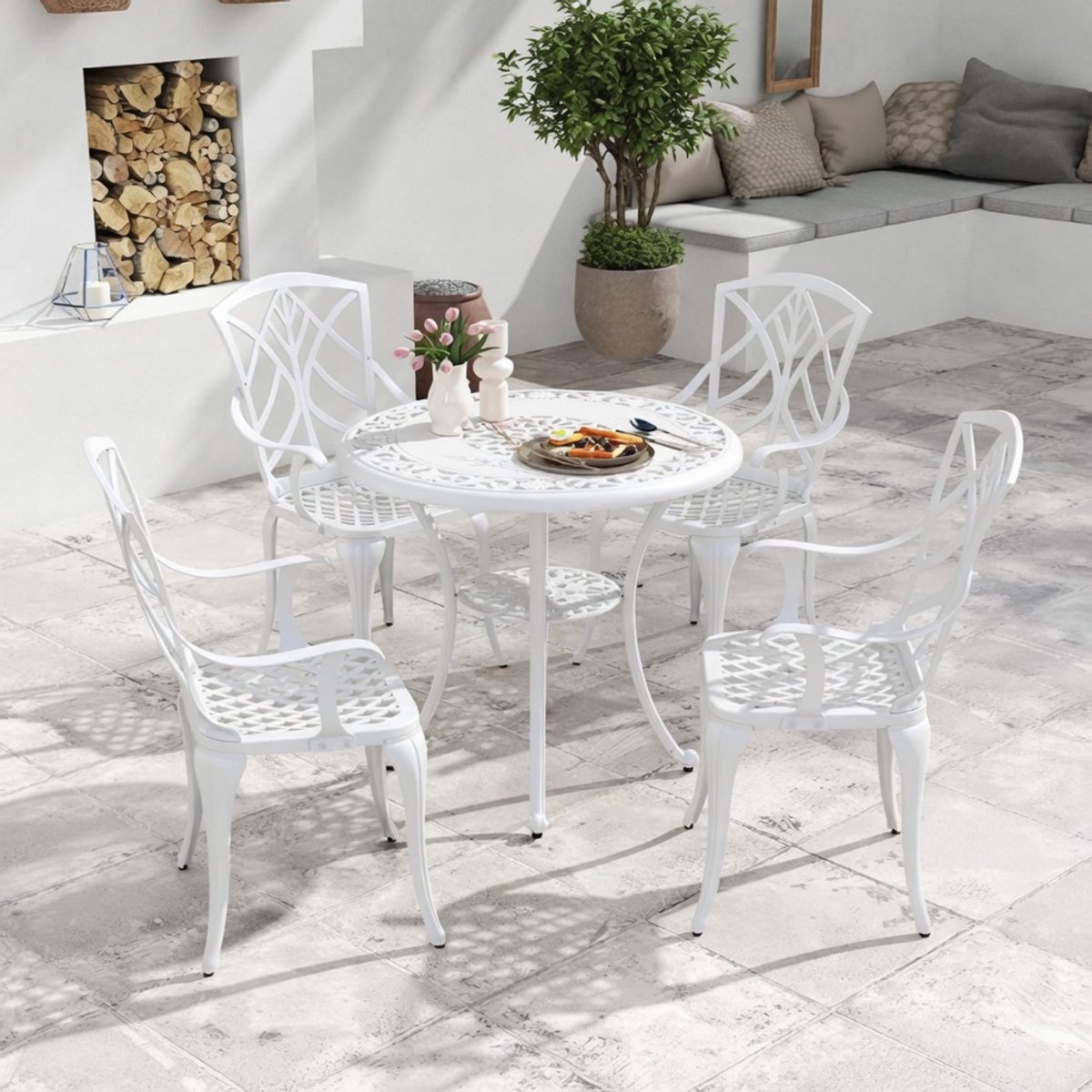 Luxe 5-delige Tuinmeubelset van Gegoten Aluminium – Weerbestendige Retro Tuinset voor 4 Personen – Inclusief Tafel met Parasolgat en 4 Comfortabele Stoelen – Terras, Tuin en Balkon – Wit Industrohome