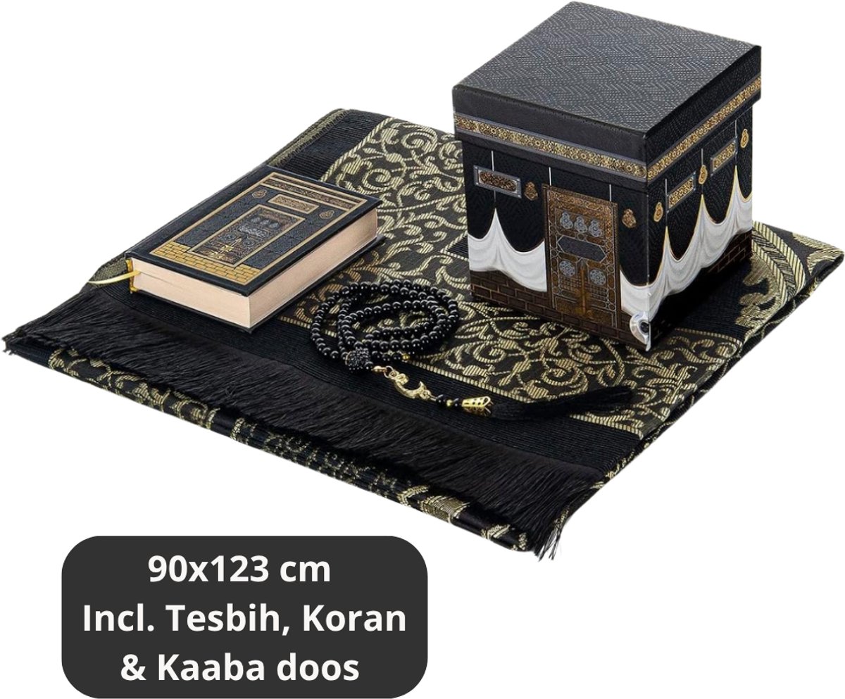 Islamitisch Gebedskleed Set Met Koran en Tesbih Elegante en Complete Cadeauset – Islamitische Cadeauset Voor Ramadan, Eid en Umrah – Gebedskleed Luxe Design Met Kaaba Geschenkdoos | Incl. Koran en Tesbih