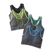 Drie sportbeha's in grijs met gekleurde randen (zwart, limegroen, mintgroen, blauw).